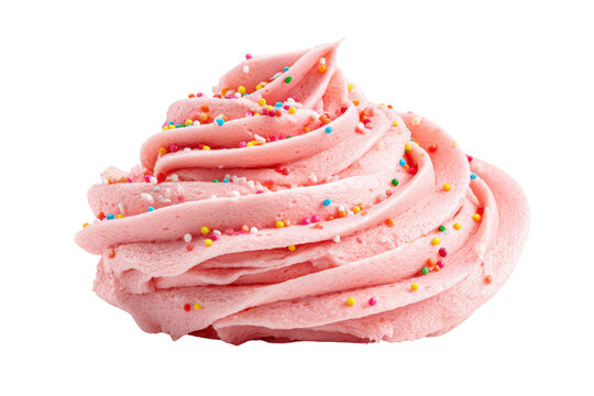 Pink frosting swirl with colorful sprinkles on black background icing