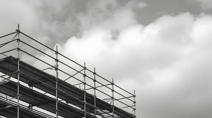 Heavy duty metal scaffolding forms a complex structure against a dramatic overcast sky captured in striking monochrome