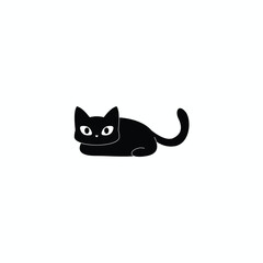 Obraz premium Minimalist black cat lying down silhouette vector, cute kitten character with expressive eyes isolated on white