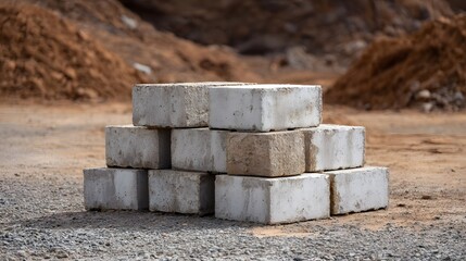 A stack of rough concrete blocks is piled on a gravel surface with dirt mounds in the background