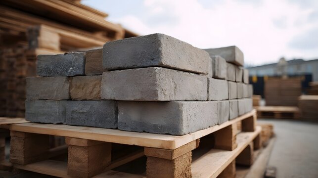 Stacks of grey and beige building blocks resting on wooden pallets at an outdoor construction material yard