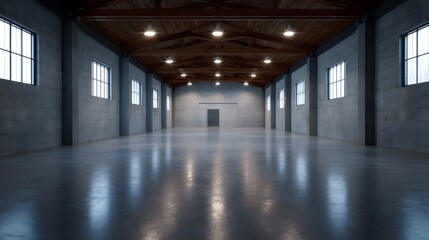 Fototapeta premium Spacious empty industrial warehouse interior with polished concrete floor and exposed wooden ceiling beams