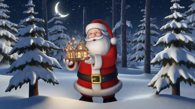 Santa Claus Holding Illuminated Gingerbread House in Snowy Winter Wonderland