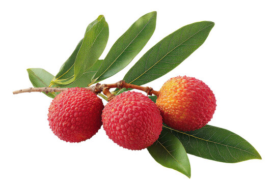 Three ripe red lychee fruits on a branch with green leaves against black leaf
