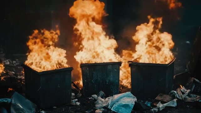 Three dumpsters engulfed in flames, trash and debris scattered around, with an ominous, dark ambiance