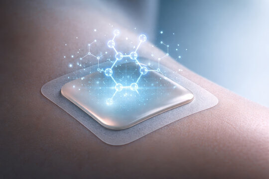 Hrt hologram medical skin patch futuristic healthcare nanotechnology non invasive drug delivery biotechnology molecular structure blue light human skin hrt hologram medical skin patch glows human