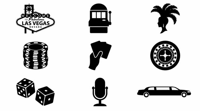 Las Vegas vector logo bundle with classic welcome sign, showgirl feather headdress, limousine, microphone, slot machine, and casino poker chips silhouette icons.