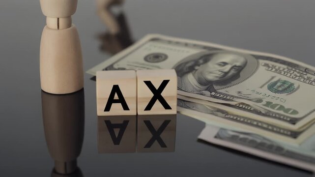 TAX" on blocks near cash and a wooden figurine