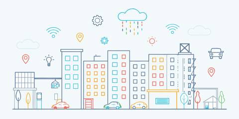 Obraz premium A colorful linear illustration depicting a smart city with various technologies