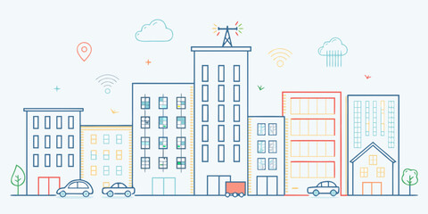 Fototapeta premium A colorful line art illustration depicts a smart city with connected buildings