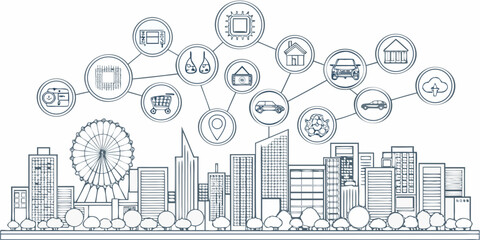 A connected smart city illustration with various icons and a skyline