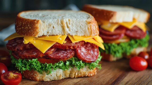 Two sandwiches with salami, cheese, lettuce, and tomatoes on a wooden table with a dark background