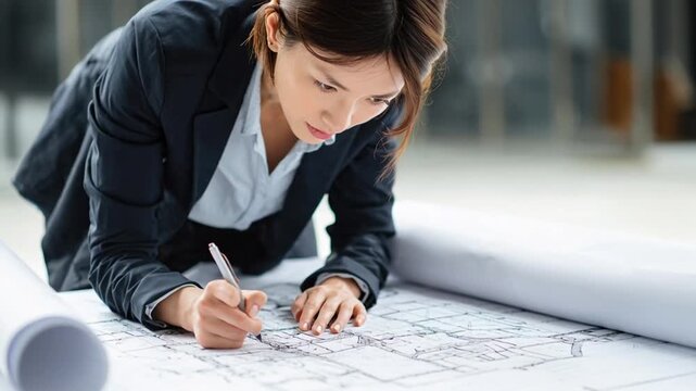 Businesswoman studying architectural plans closely.