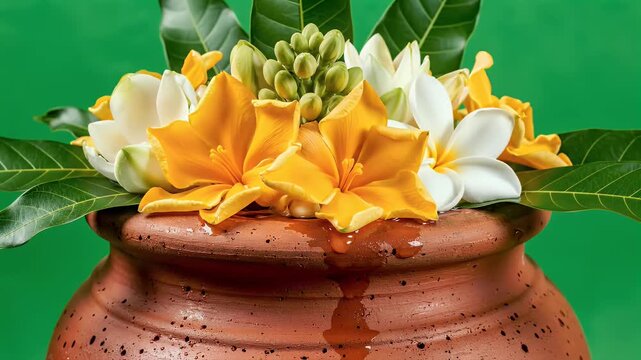 THINGYAN FESTIVAL TRADITIONAL ATAR OH EARTHEN POT WITH SEVEN FLOWERS GREEN SCREEN