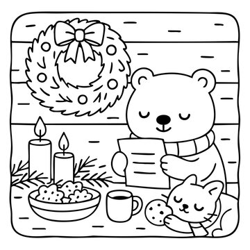 A cozy winter scene with a bear reading, a cat sleeping, a festive wreath, candles, cookies, and a warm drink, all set in a charming, outlined style.