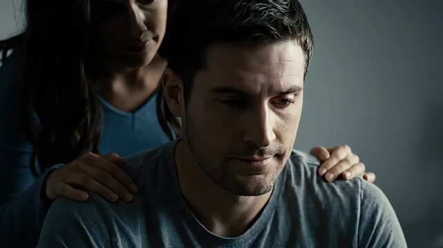 Sad man sitting with head in hands while supportive woman comforts him from behind during difficult life moment