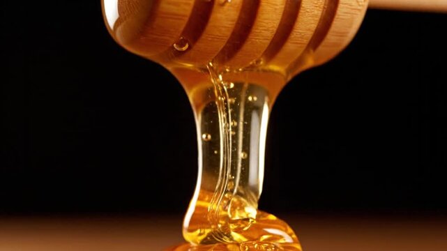 Golden honey liquid dripping from a wooden spoon into a glass cup isolated on white creates a light beverage aesthetic