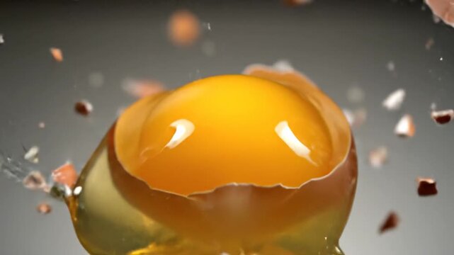 A closeup of a fresh raw chicken egg broken on a white background with a healthy yellow yolk in a glass as a cooking ingredient for a high protein breakfast meal