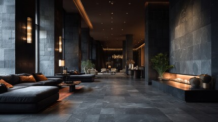 Dark Luxury Tones in Business Hotel Lobby With Elegant Seating and Stylish Lighting Creating a Welcoming Atmosphere for Guests and Travelers