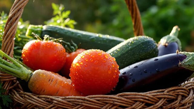 Fresh organic basket of vegetables containing ripe red tomatoes and green cucumbers for a healthy vegetarian diet isolated on white