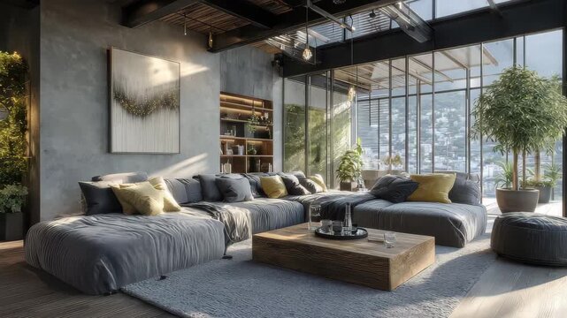Cozy living room with natural light and plants featuring comfortable seating and a simple wooden table in a modern home setting