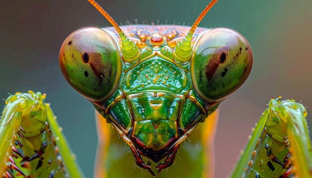 Close-up of a green praying mantis face.