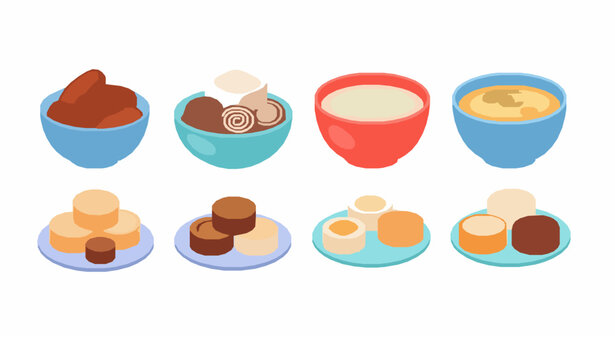 Cute flat cartoon Ramadan food collection with dates kolak porridge soup and sweets vector illustration