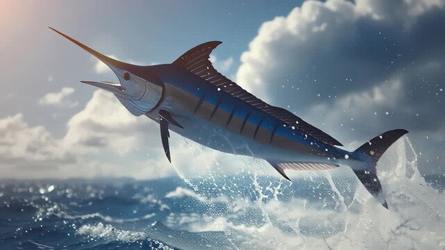 Majestic Blue Marlin Jumps Out of Rough Ocean Water