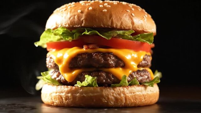 A delicious grilled beef cheeseburger with melted cheese, fresh lettuce, tomato, and onion served on a toasted bun against a dark black background