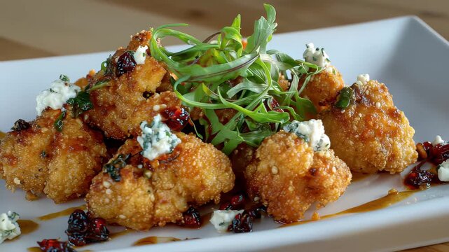 Crispy fried cauliflower served with blue cheese and sundried tomatoes in a restaurant setting during lunch hours