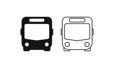 Bus icon set featuring front view designs in solid and outline styles. Professional public transportation and city transit vector symbols for web, mobile apps, and UI design