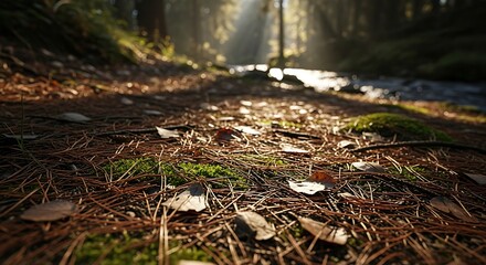 Obraz premium Low Angle Forest Floor with Pine Needles Moss and Dappled Light