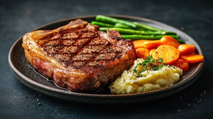 Grilled steak with asparagus, carrots, and mashed potatoes