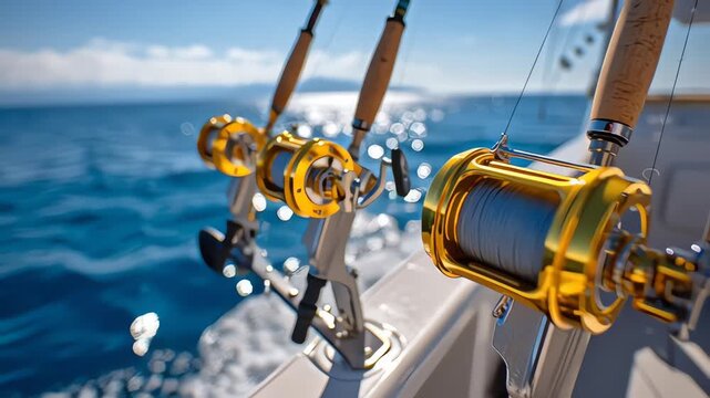 Luxury Deep Sea Fishing Reels Aboard a Yacht on the Blue Ocean
