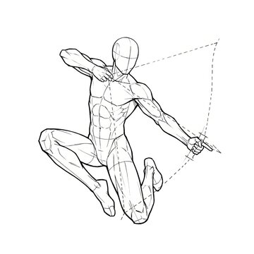 Dynamic aerial archer pose shooting bow mid-air