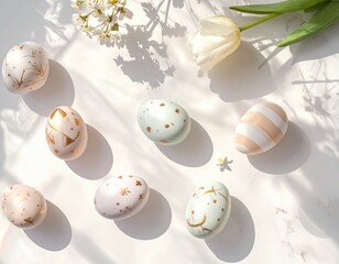 Obraz premium Decorative Easter Eggs on a Light Surface with Flowers and Shadows