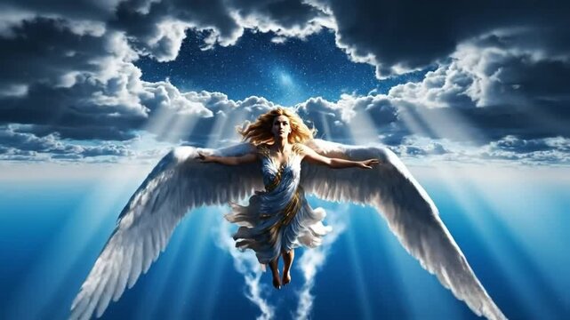 Majestic Winged Angel Figure Soaring Through Radiant Cloud Portal - Salvation and Divine Power Concept