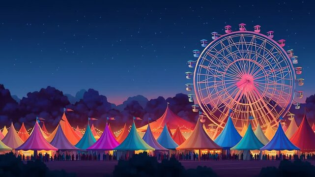 Night Festival Scene with Colorful Tents and Ferris Wheel Illustration