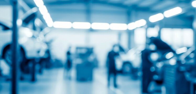 Blurry blue toned interior of an automotive repair workshop with vehicles creating cool industrial mood, empty service space, soft focus garage background