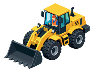 Isometric illustration of a yellow front end loader depicting a construction worker operating it for heavy industry