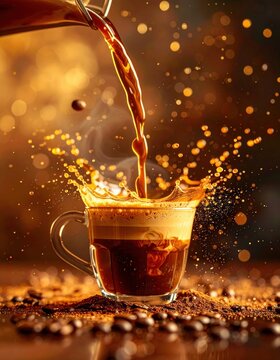 A captivating image of coffee pouring into a glass cup, creating splashes and surrounded by coffee beans, illuminated by warm, golden light.
