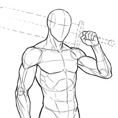 Heavy weapon pose resting invisible sword on shoulder