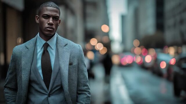 Urban Stride: A well-dressed man walks confidently down a city street, his gaze reflecting determination and focus, representing ambition, style, and success in an urban setting.