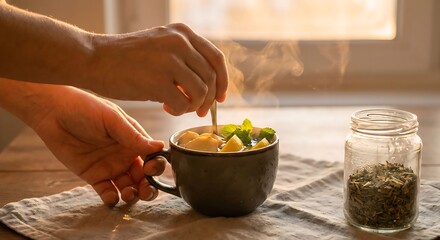 Hands preparing hot herbal tea with lemon in warm morning light