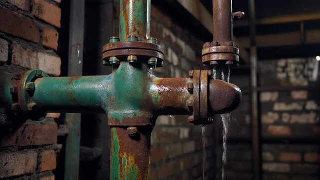 Vintage Industrial Water Pipes Leak Against a Brick Wall in an Old Building