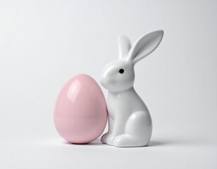 Obraz premium White Bunny Figurine Beside Pink Egg on Minimalist Background