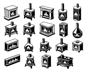 Fototapeta premium Isometric hand drawn line art fireplace and stove set featuring various designs for home heating and interior design