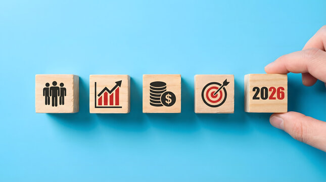 Financial performance indicators represented by wooden blocks showing growth and strategic objectives