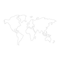 A simple, minimalist white outline map of the world showing the continents of North America, South America, Europe, Africa, Asia, and Australia on a white background.