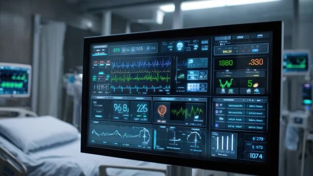 Medical Monitoring Display: A close-up view of a medical monitoring screen in an intensive care unit, displaying vital signs and critical patient data, surrounded by other medical equipment.